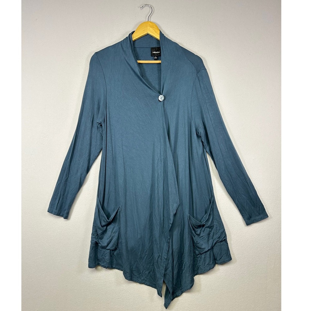 Lagenlook Wallpapher Women XL Teal‎ Blue Asymmetrical Button Front Cardigan